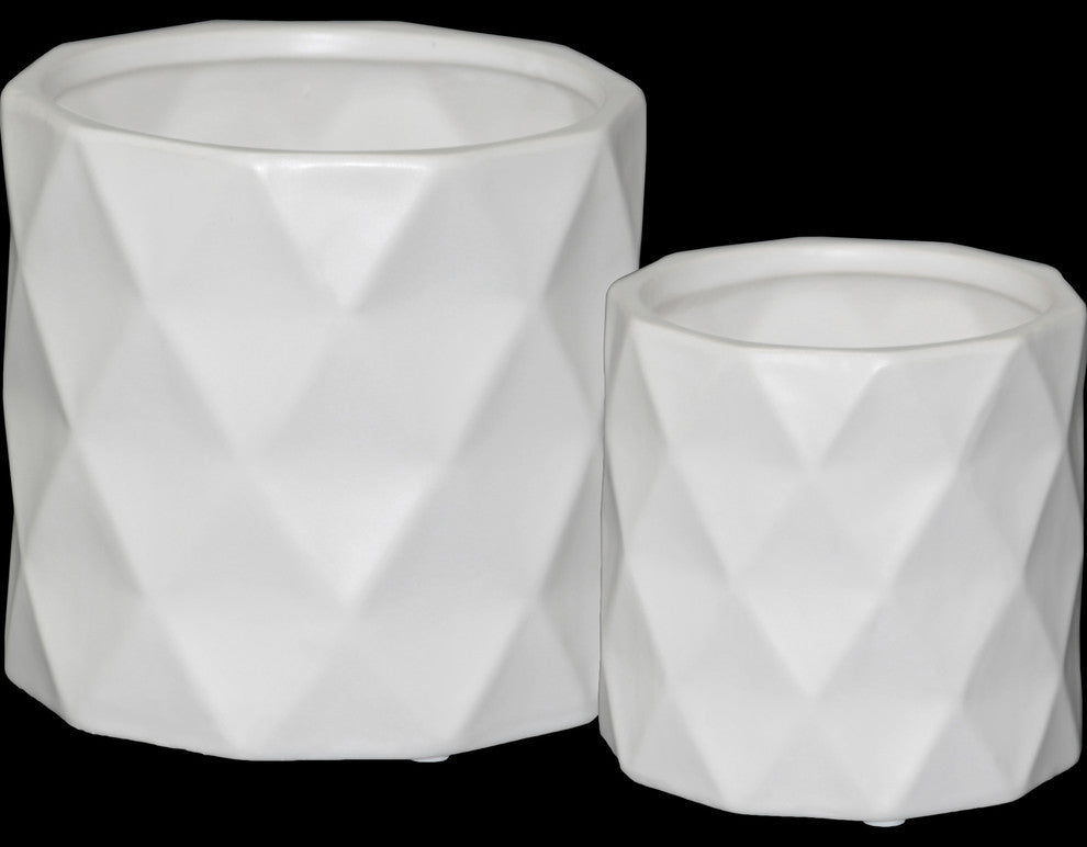 Cylindrical Pots, Wide Mouth and Embossed Diamond Design Body 2-Piece Set, White