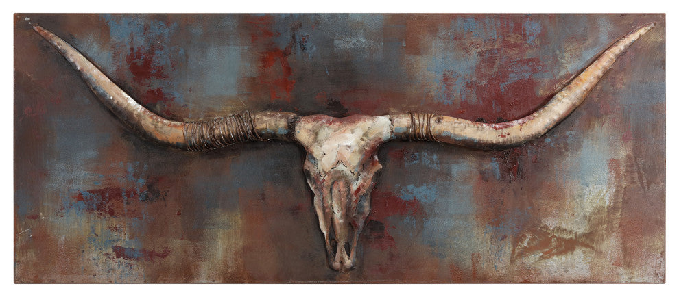 Long Horn Primo Mixed Media Hand Painted 3D Metal Wall Art
