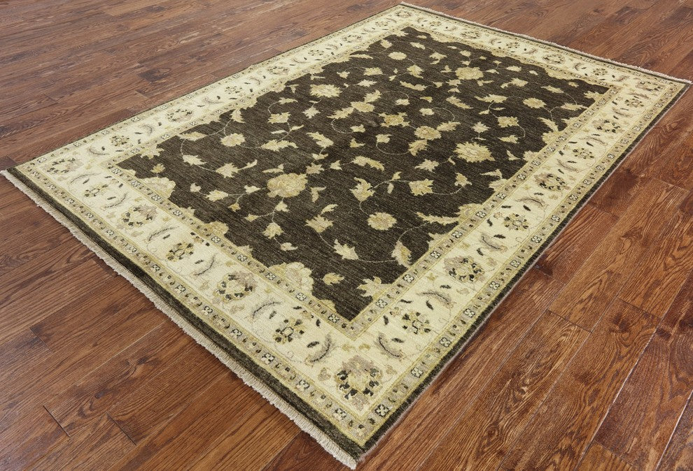 Hand-Knotted Floral Oushak Veg Dyed Chobi Peshawar Oriental Wool Rug, 6'x8'