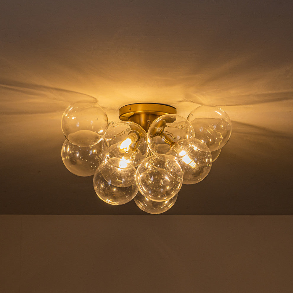 Modern 3-Light Sputnik Design Clear Glass Bubble Semi Flush Mount, Brass
