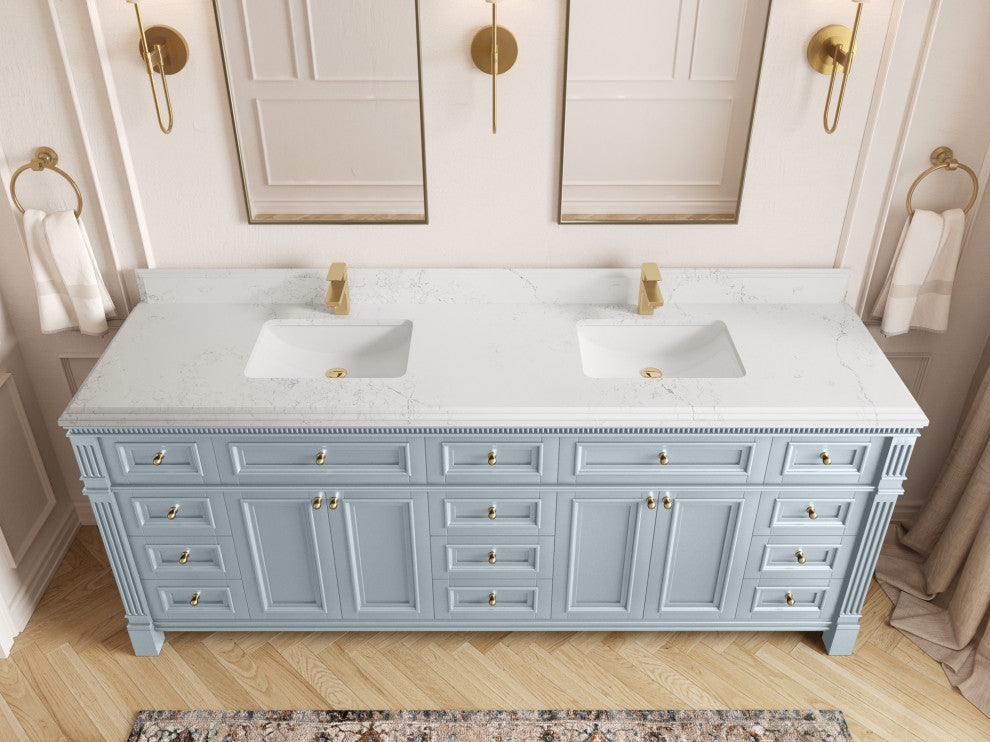 Paris 84" Double Sink Bathroom Vanity, Blue Heather 1.5" Empira Quartz