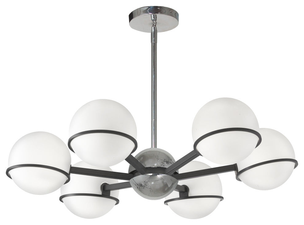 Matte Black and Polished Chrome Modern Chandelier With White Glass