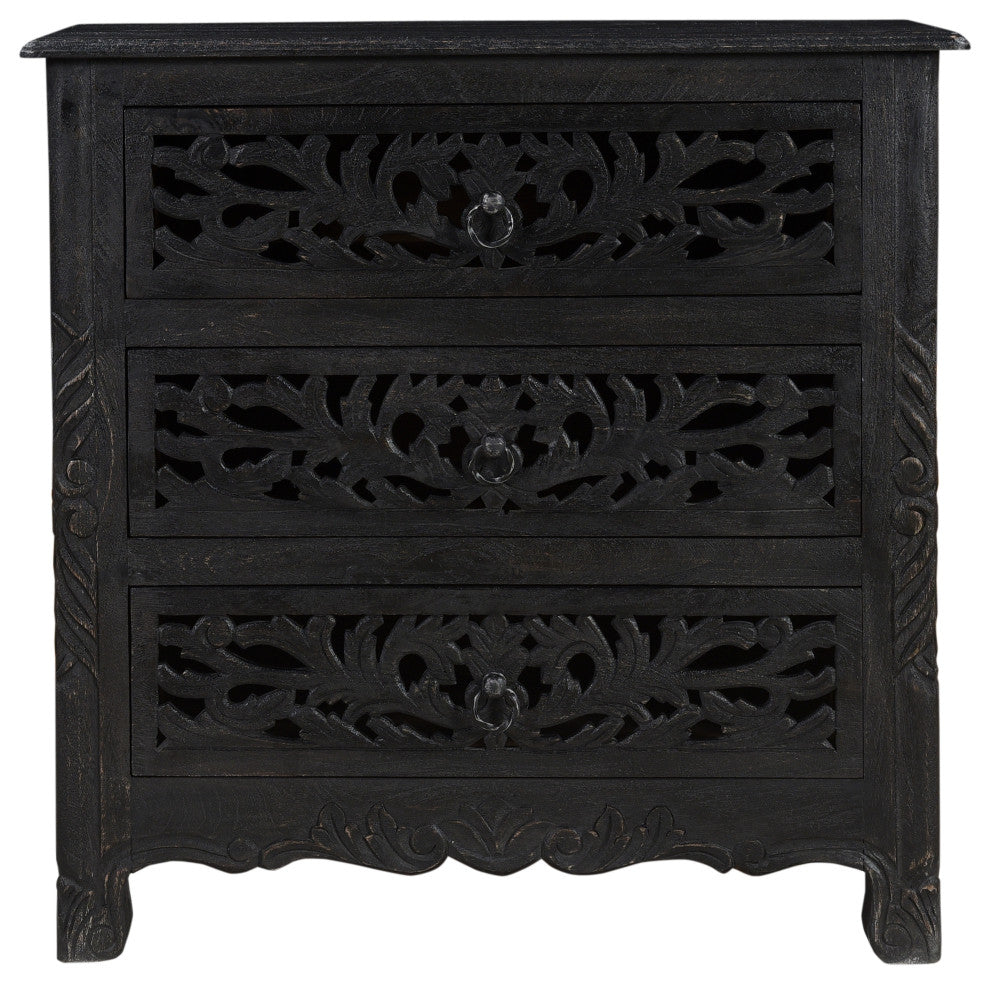 Delaney 3 Drawer Carved Nightstand, Distressed Black