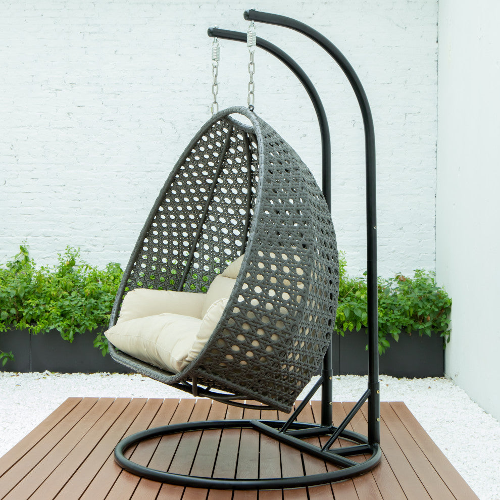2 Person Charcoal Wicker Double Hanging Egg Swing Chair, Taupe