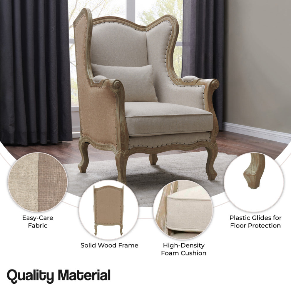 Guinevere Wingback Chair, Light Sand and Burlap