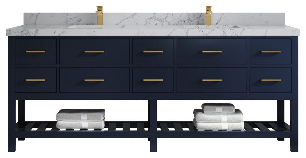 Parker 84" Double Sink Bath Vanity, Navy Blue 2" Venatino Quartz