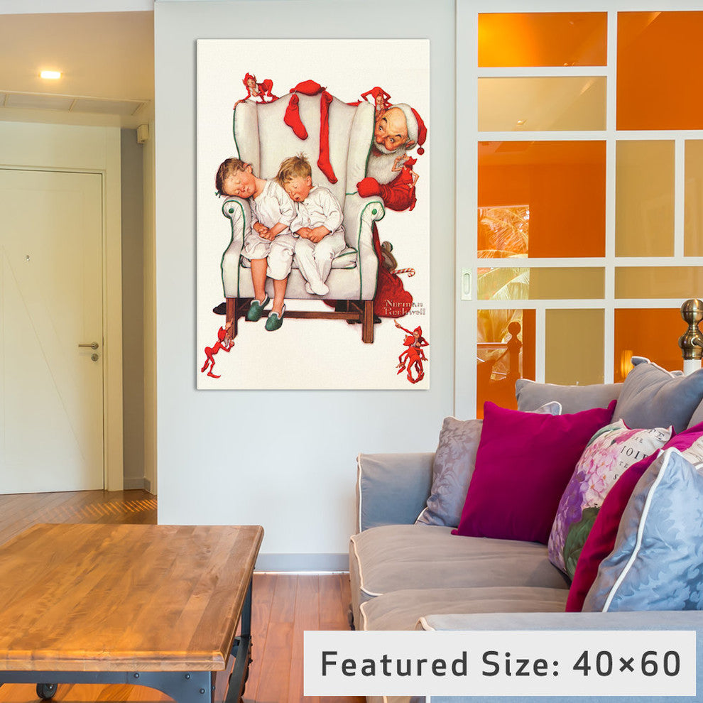 "Santa Looking at Two Sleeping Children" by Norman Rockwell, 26x18x1.5"