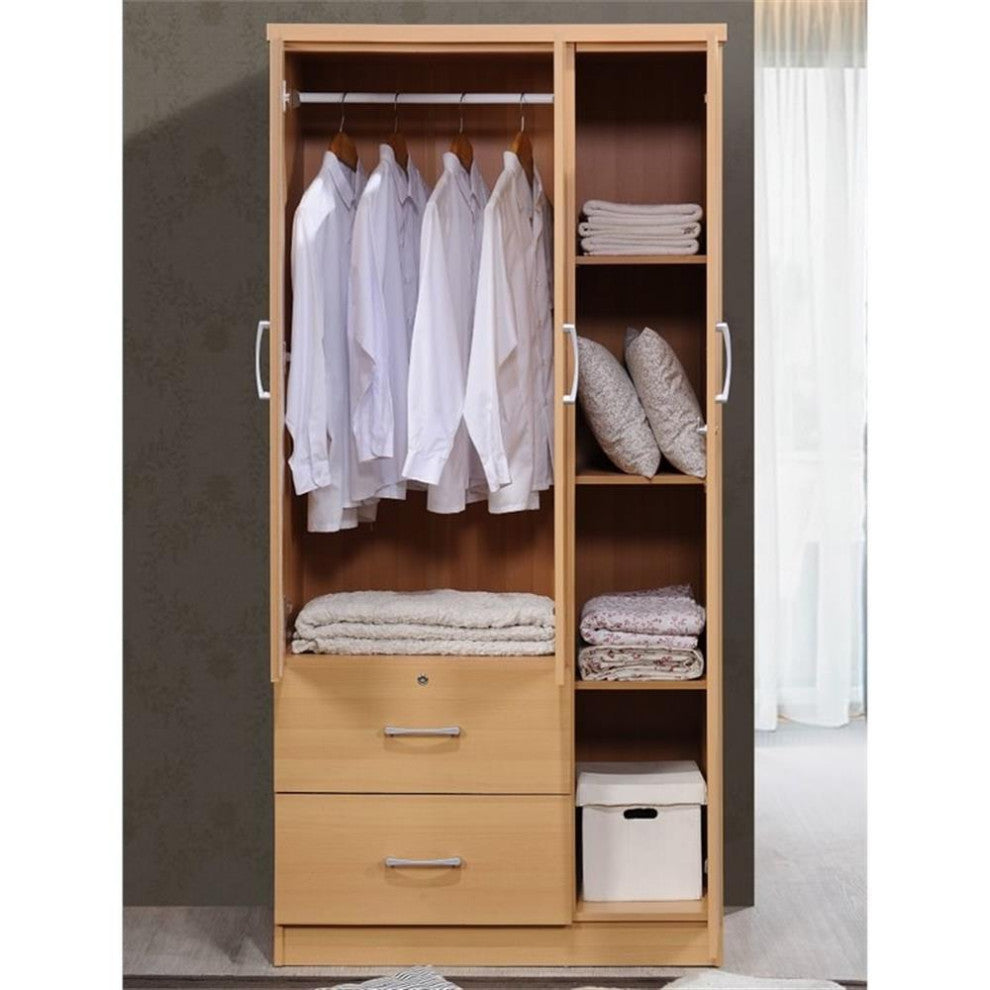 Hodedah 3 Door Armoire with 2 Drawers 3 Shelves in Beige Wood