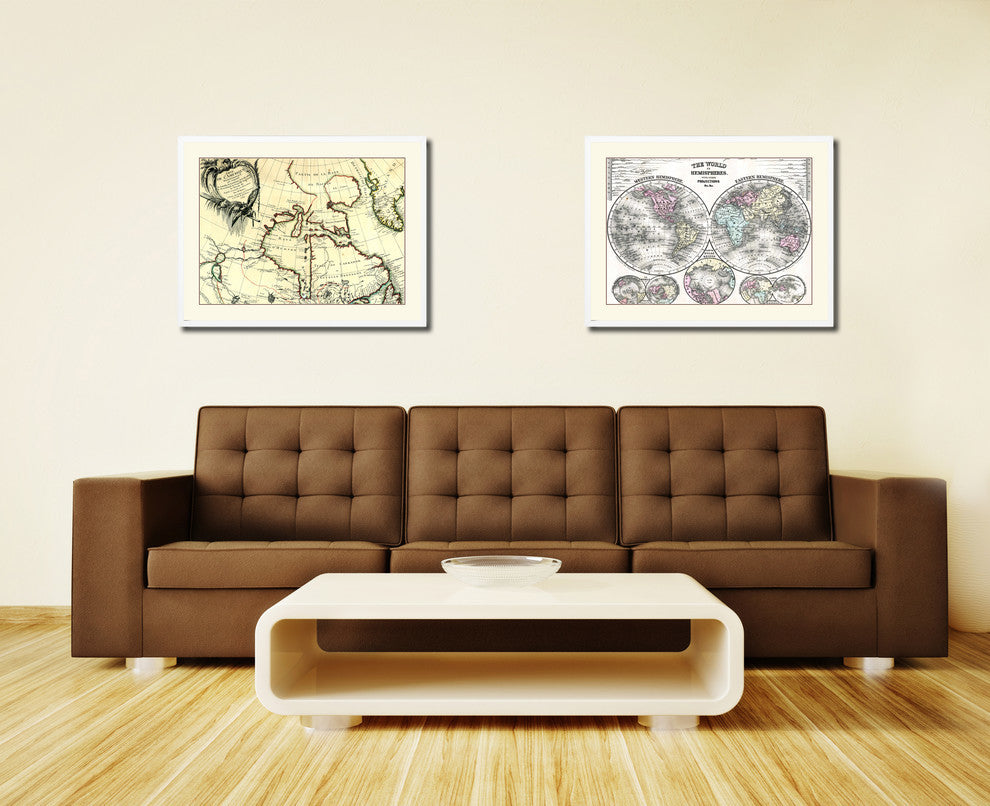 North East Canada & Greenland Old Map Print on Canvas with Frame 28" x 37"