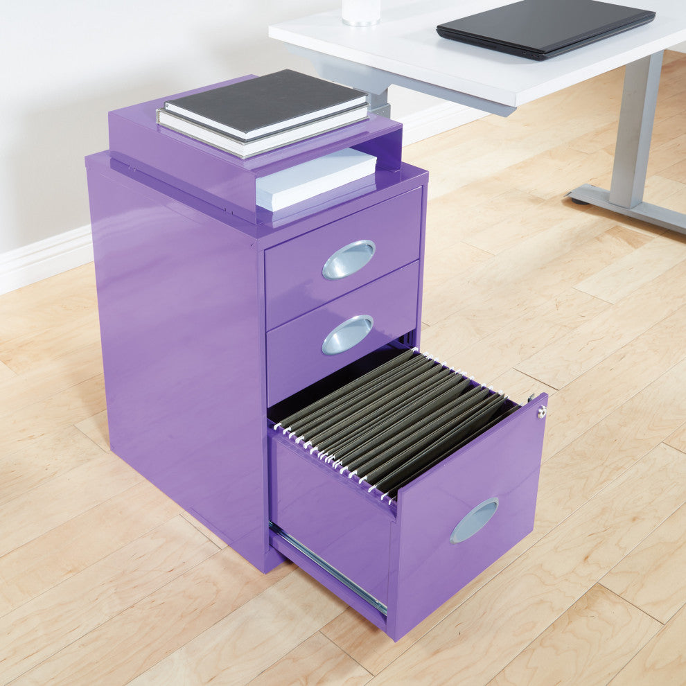3 Drawer Locking Metal File Cabinet With Top Shelf, Purple