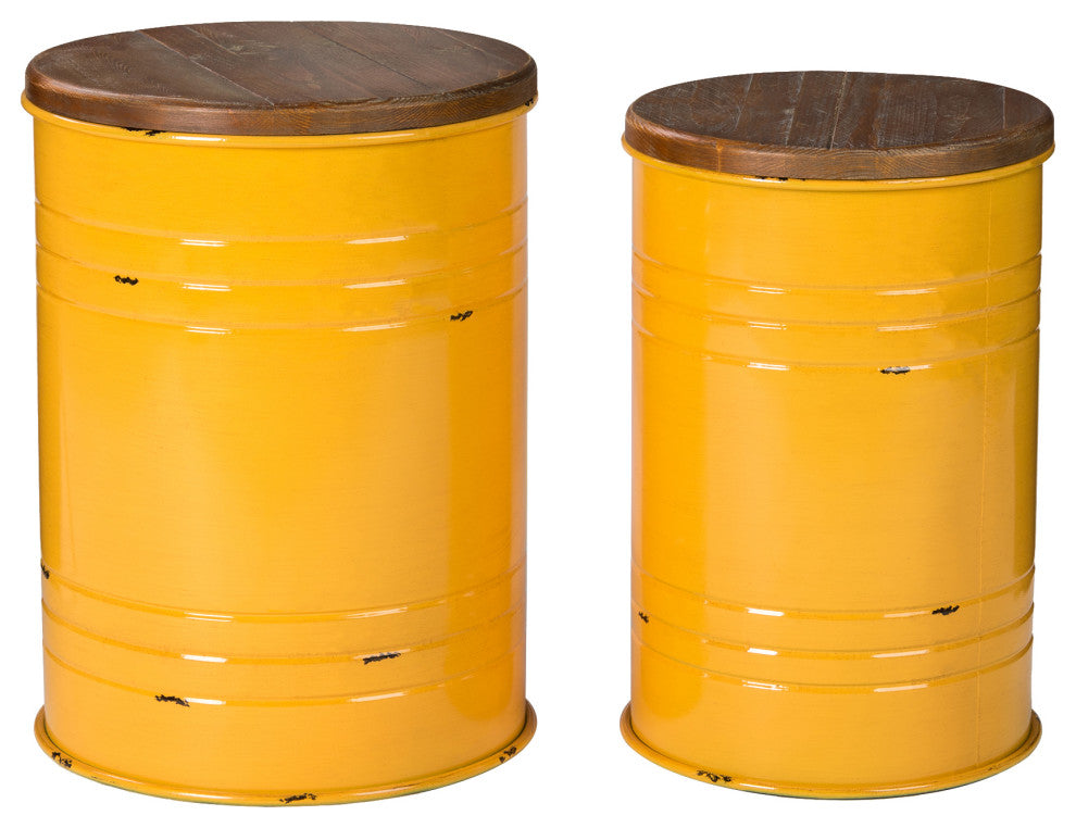 Farmhouse Metal With Solid Wood Seat Storage Stool, Set of 2, Yellow