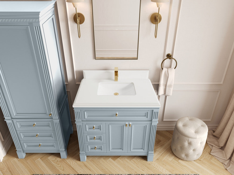 Paris 36" Center Sink Bathroom Vanity, Blue Heather 1.5" White Quartz