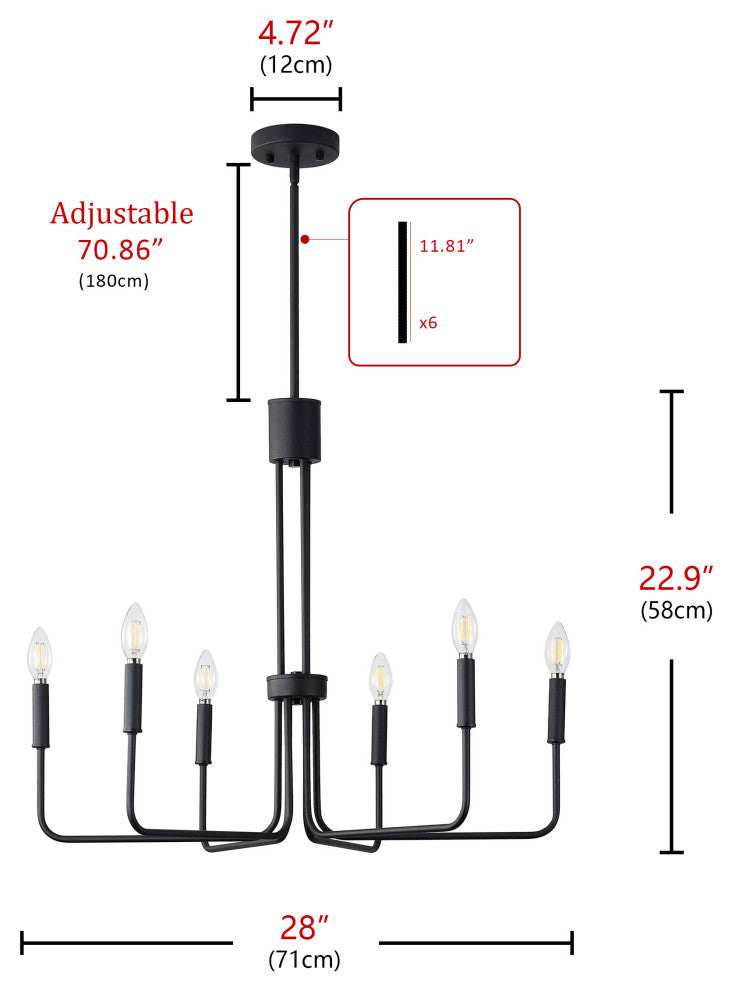 Farmhouse Black 6-Light Classic Candle Metal Chandelier for Dining Room