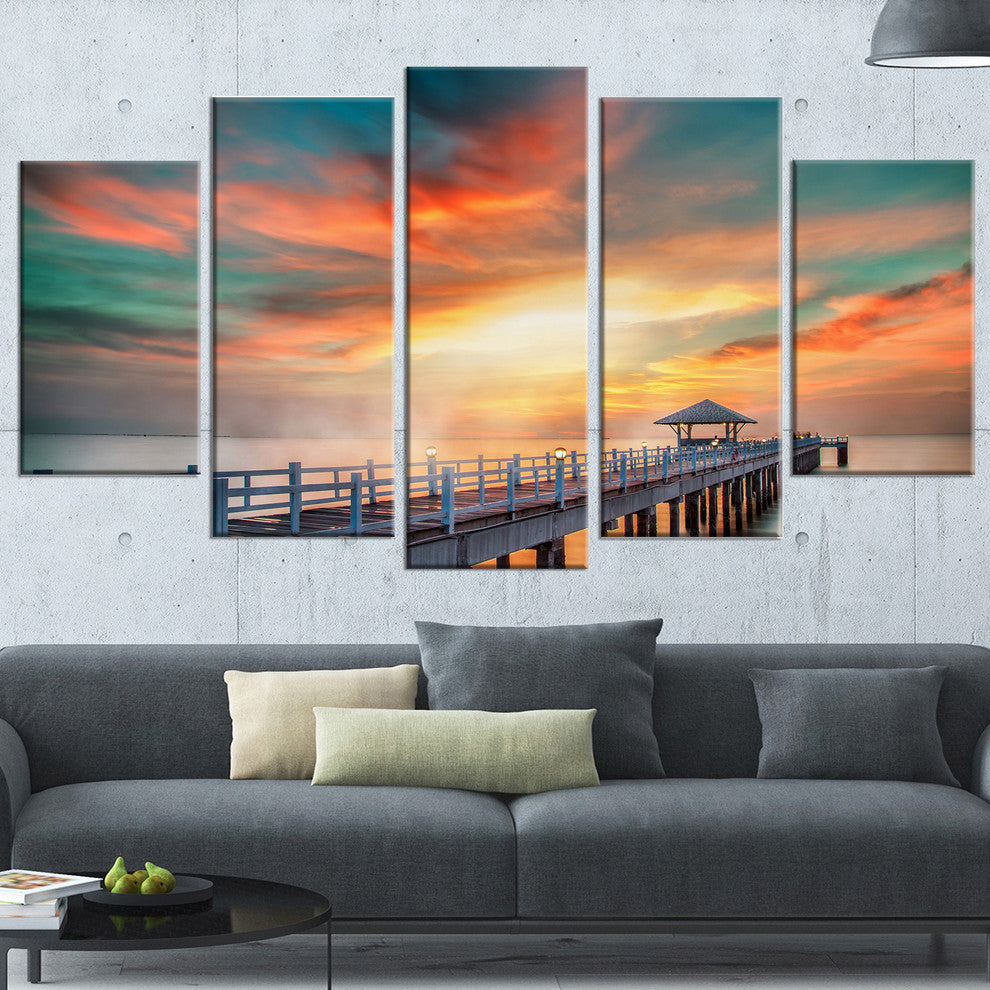 "Fascinating Sky and Wooden Bridge" Sea Pier Wall Art, 5 Panels, 60"x32"