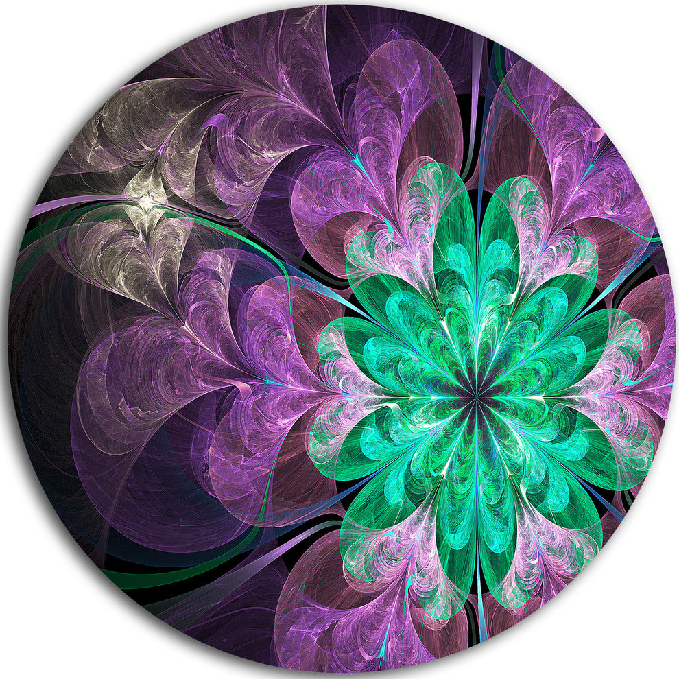 Glittering Purple Green Fractal Flower, Floral Round Metal Artwork, 23"