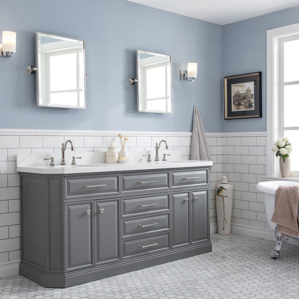 72" Palace Quartz Cashmere Gray Vanity With Hardware, Faucets in Polished Nickel