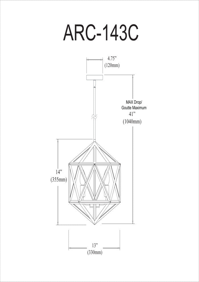 Arcturus 3-Light Chandelier, Matte Black, Antique Brass