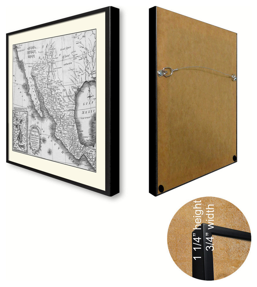 Mexico Vintage Map Print On Canvas With Black Custom Frame, 28" X 37"