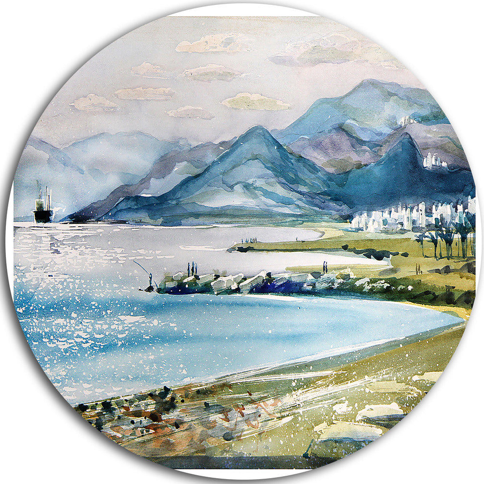Blue Hills Over Sea, Landscape Round Wall Art, 11"