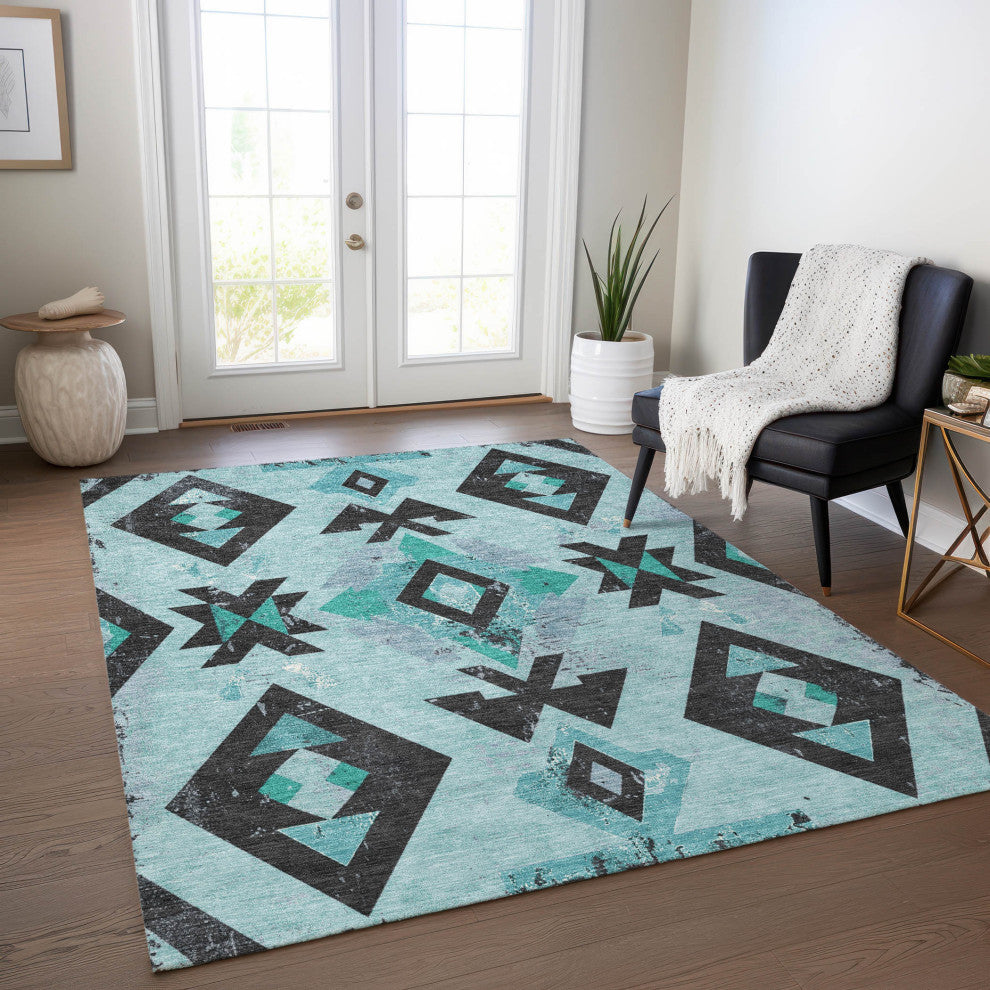 Machine Washable Indoor/Outdoor Chantille ACN1882 Teal 3' x 5' Rug