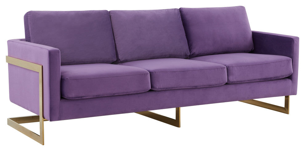 LeisureMod Lincoln Modern Velvet Sofa With Gold Frame, Purple