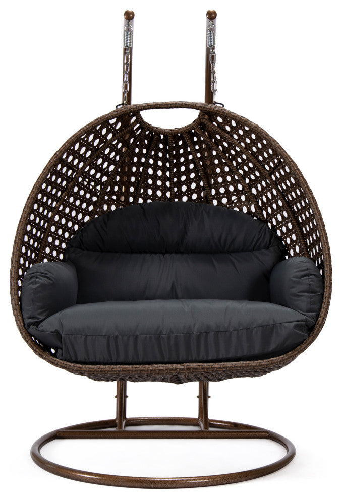 LeisureMod Mendoza Dark Brown Wicker Hanging Double Egg Swing Chair, Dark Gray
