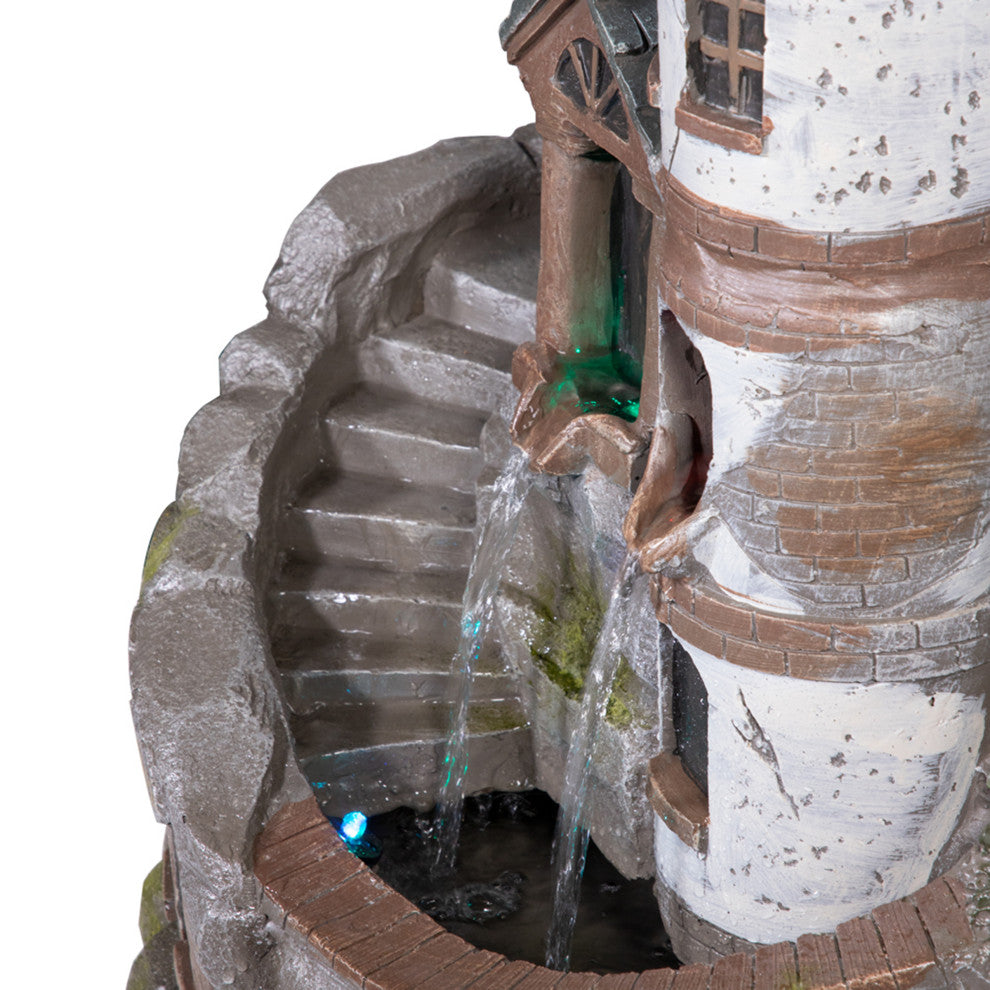 35" Tall Outdoor Tower Castle Fountain with Color Changing LED Lights