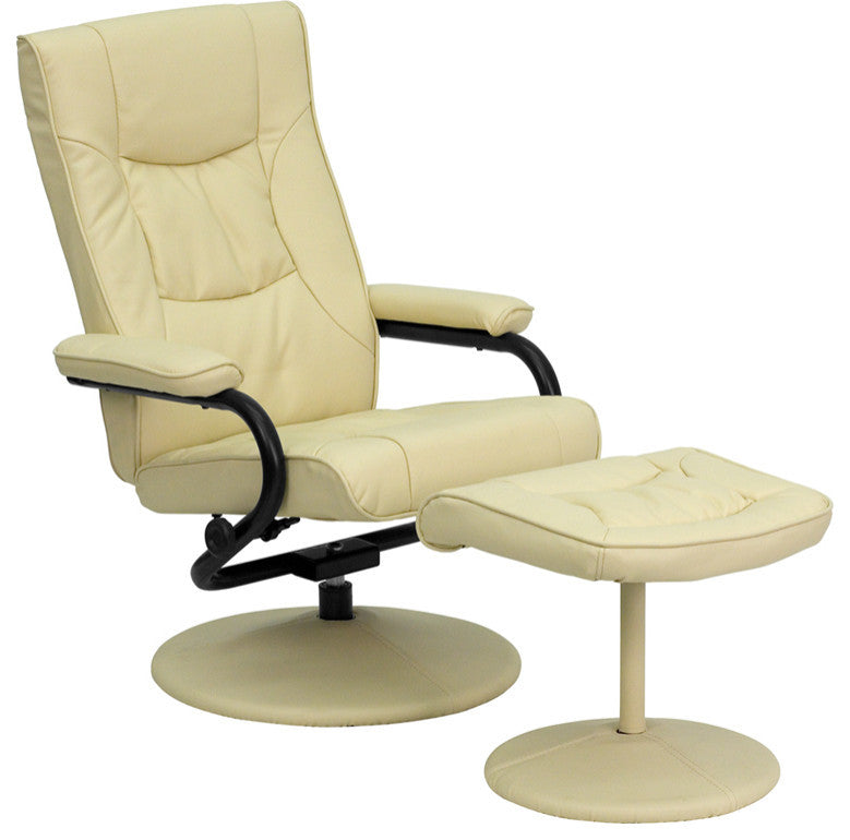 Cream Leather Recliner and Ottoman With Leather Wrapped Base