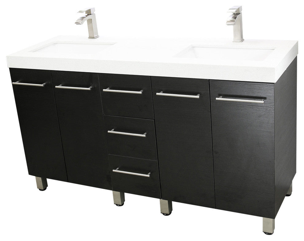 Windbay 60" Free Standing Double Vanity, Black, White Quartz Under Mount Counter