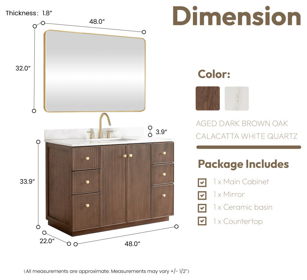Oza Bath Vanity with Quartz Stone Top, Aged Dark Brown Oak, 48", Single Vanity, With Mirror