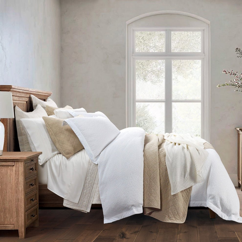 Stonewashed Cotton Waffle Weave Duvet Cover Set, 3-Piece, White, King