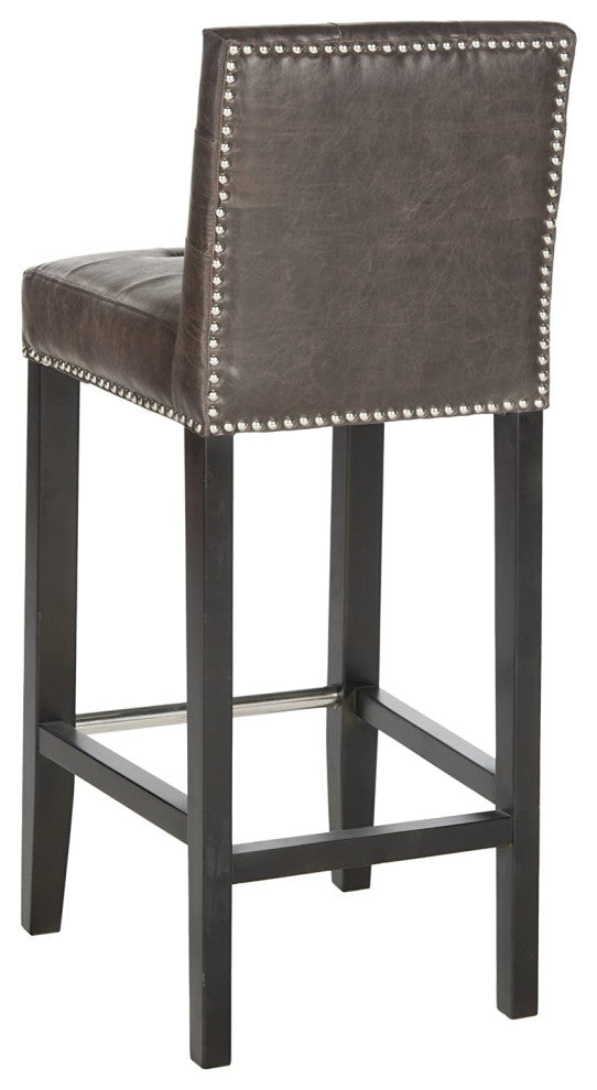 Contemporary Bar Stool, Birch Base With Tufted Seat and Nailhead, Antique Brown/