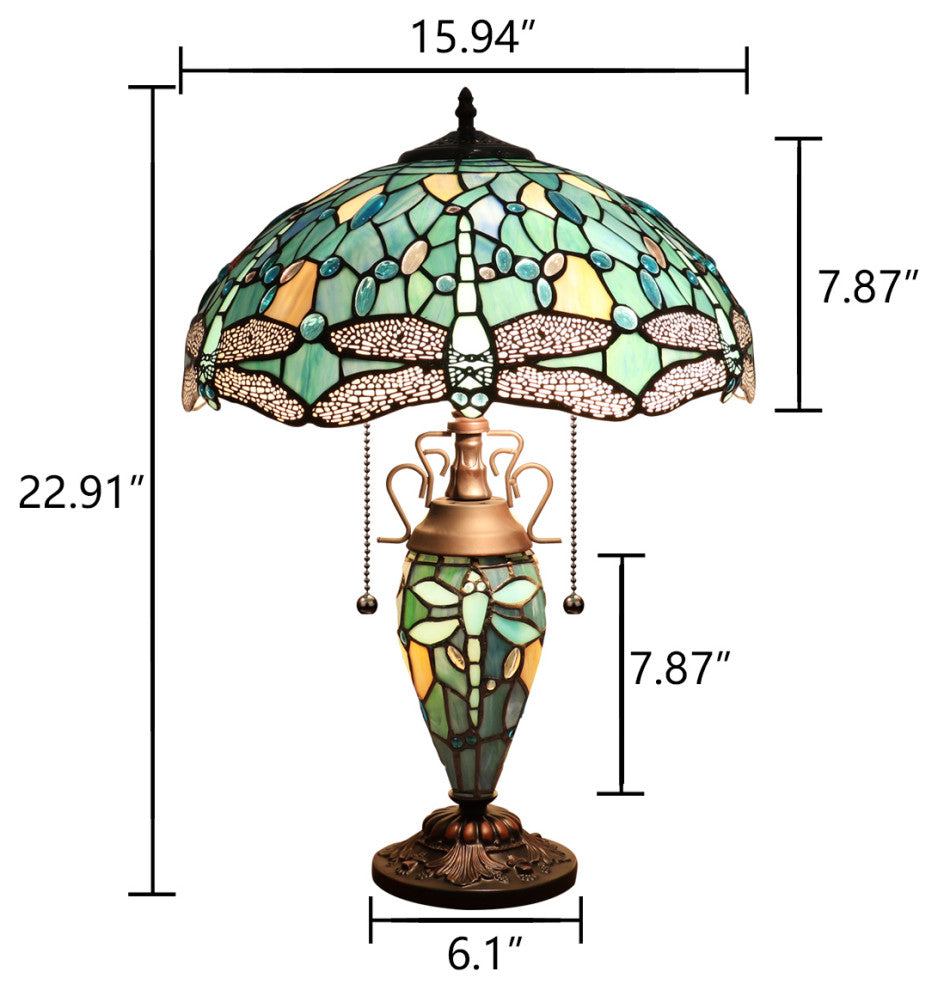 Sunniva Dragonfly Tiffany 3-Light Double Lit Table Lamp 16" Shade