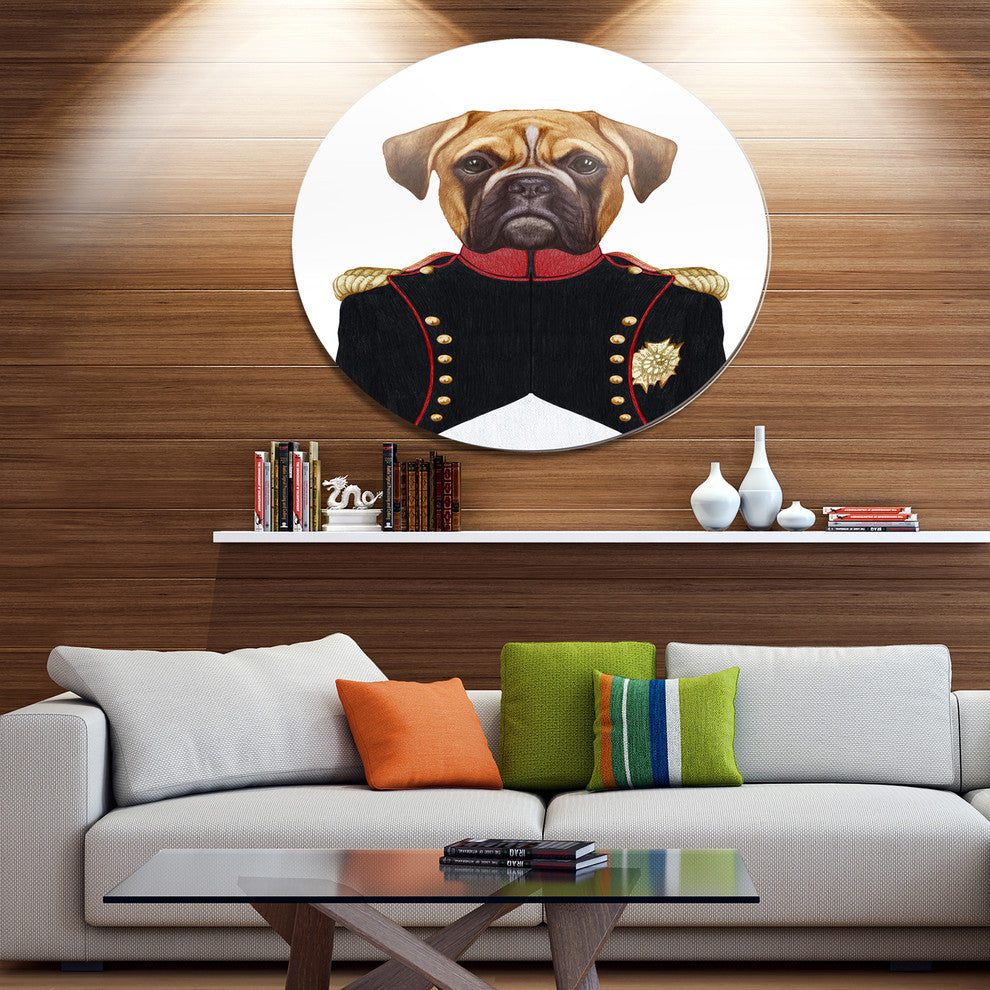 Boxer Dog In Military Uniform, Animal Disc Metal Wall Art, 23"