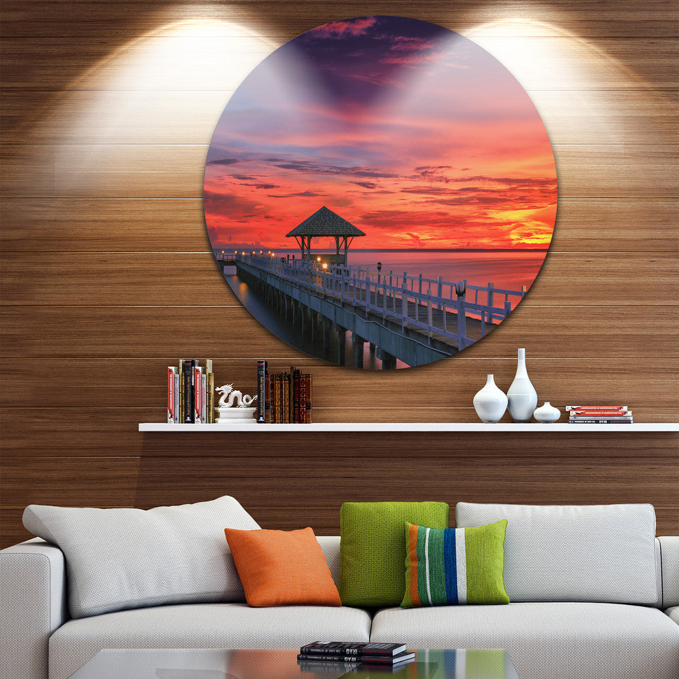Long Wooden Bridge And Colorful Sky, Sea Bridge Round Wall Art, 11"
