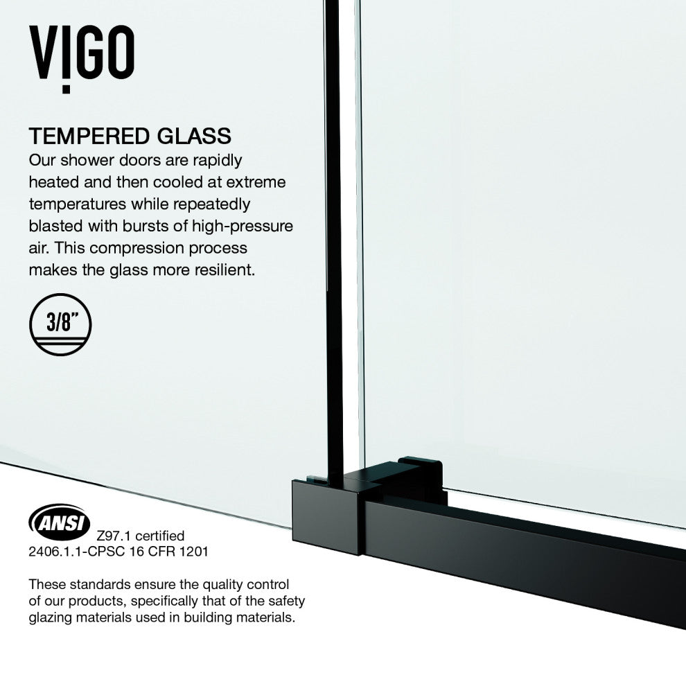 VIGO Elan E-Class 56" to 60" W x 76" H Frameless Sliding Shower Door, Matte Black, Clear Glass
