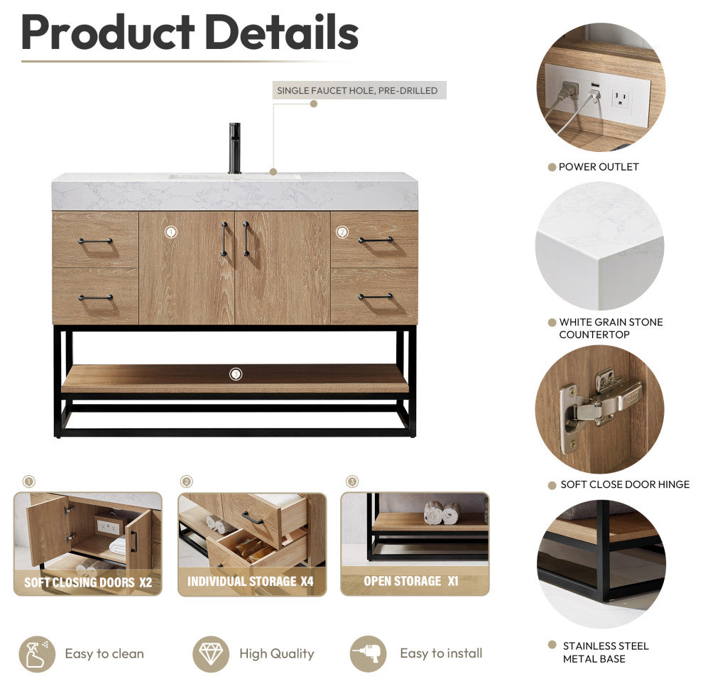 Alistair Vanity, North American Oak, Matte Black Hardware, 48", With Mirror