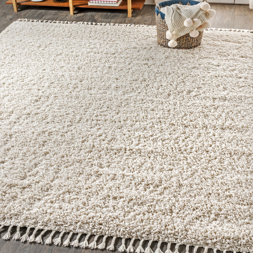 Mercer Shag Plush Tassel Area Rug, Cream, 8 X 10