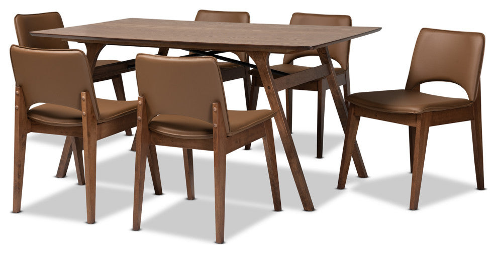 Winfield Midcentury Modern Walnut Effect 7-Piece Dining Set, Brown