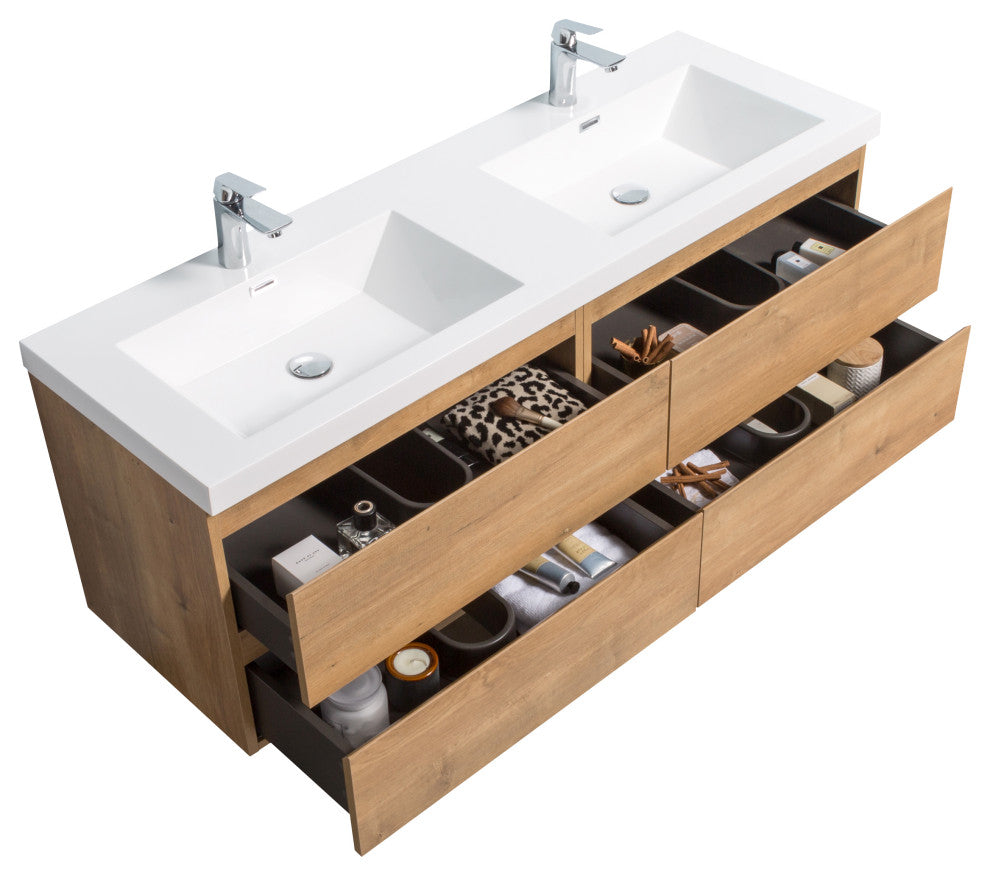 Alma-Pre 4 Drawers Wall Mount Vanity, Integrated White Sink, Natural Oak, 60"