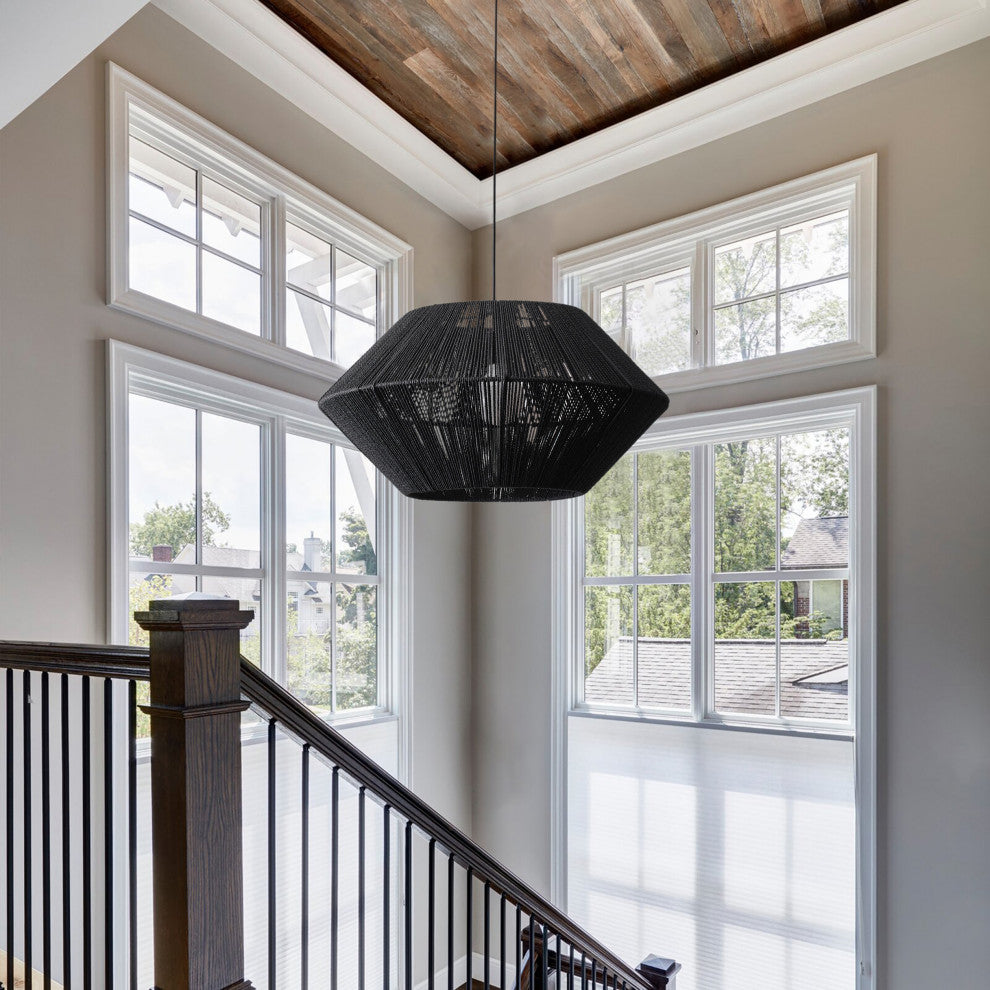 Farmhouse Matte Black Paper Rope Craft Pendant Lighting Fixture