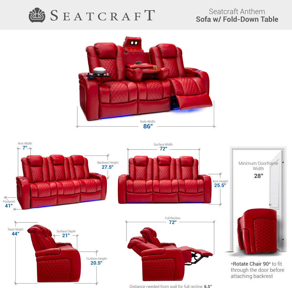 Seatcraft Anthem Home Theater Seating Leather Power Recline Sofa, Red