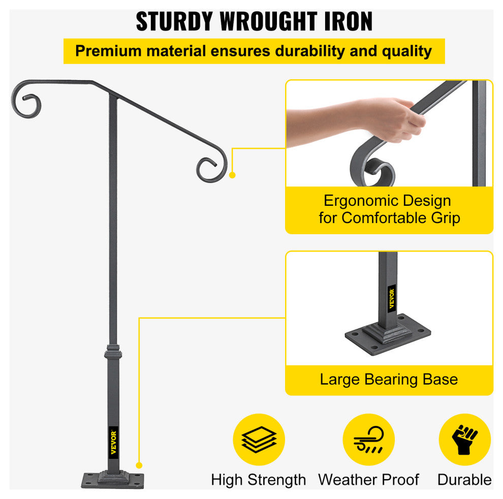 Single Post Handrail Wrought Iron Grab Supports Fits 1 or 2 Steps, Gray