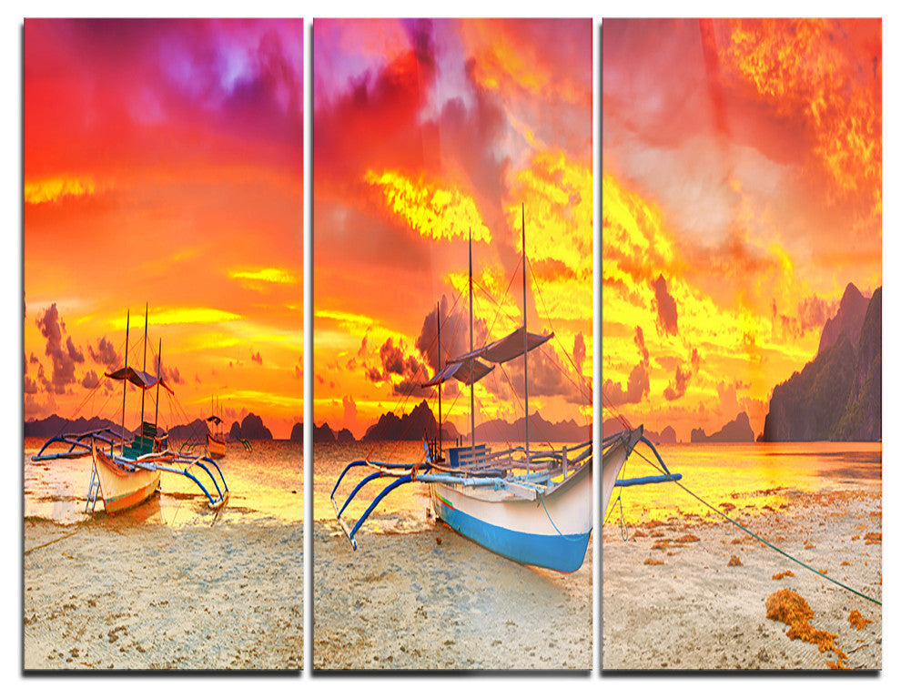 "Boat at Sunset Panorama" Glossy Metal Wall Art, 3 Panels, 36"x28"