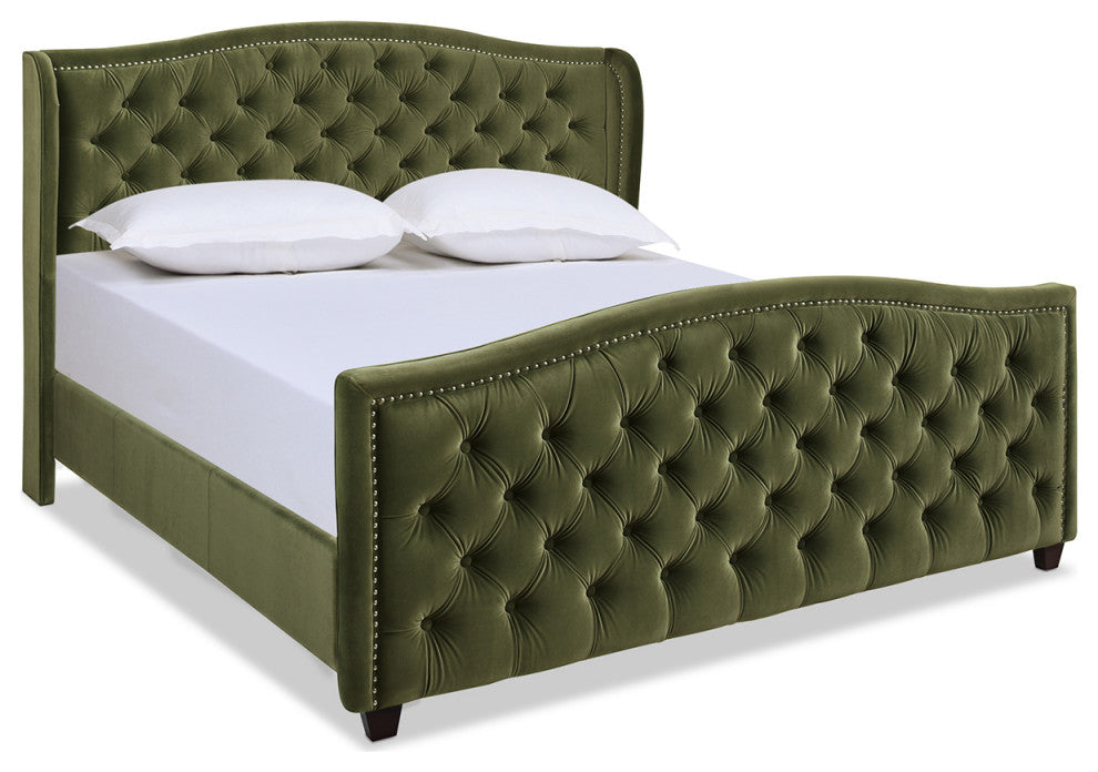 Marcella Upholstered Tufted Shelter Wingback Panel Bed, Olive Green Performance Velvet, King