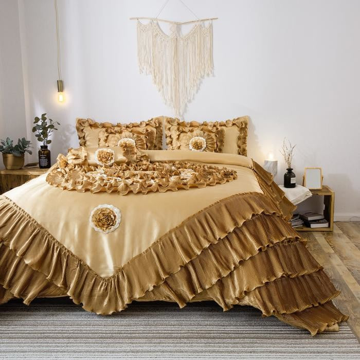 Gold Caramel Latte Ruffle Faux Satin Comforter Set, Queen