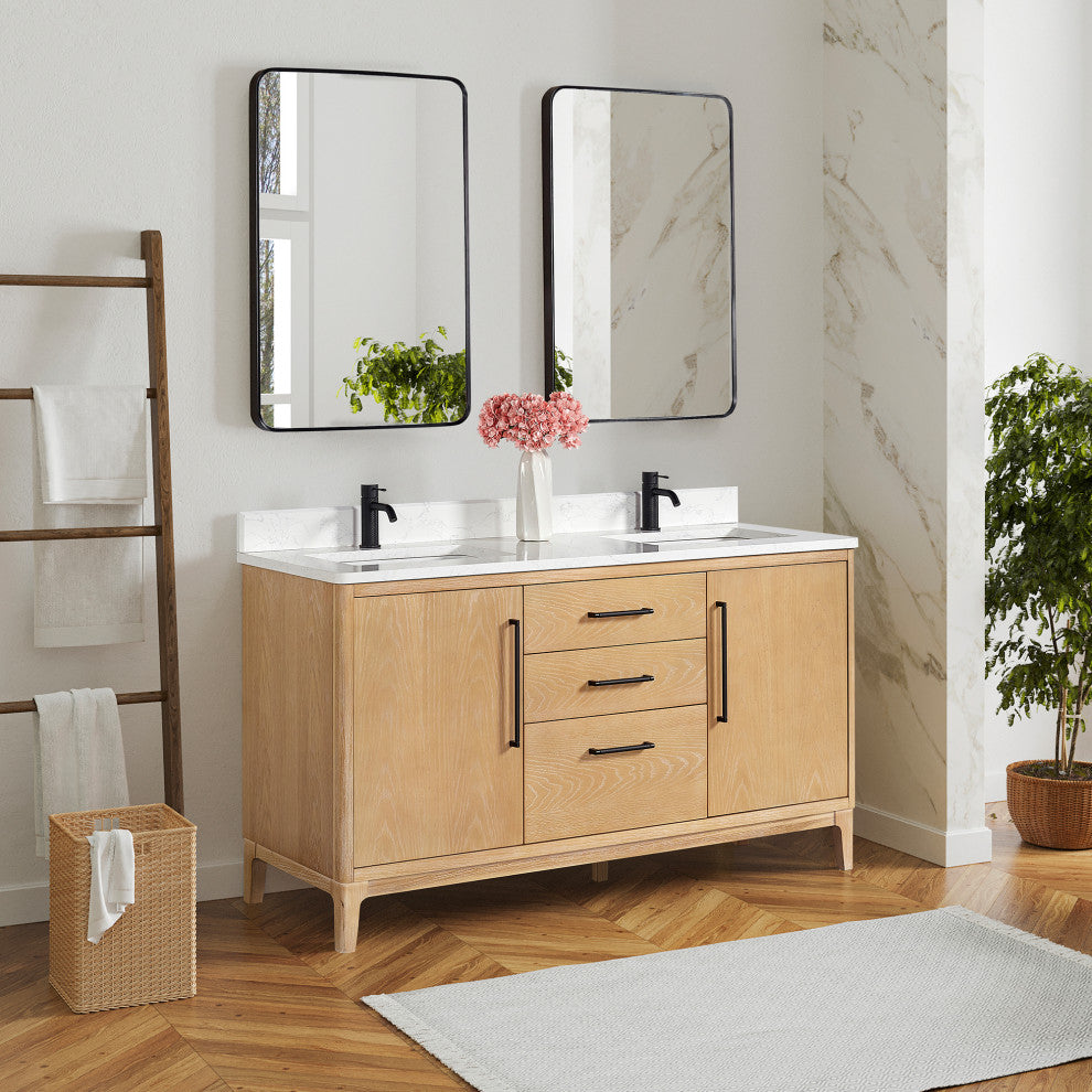 Gara Bath Vanity, Stone Top, Washed Ash Grey, 60", Double Vanity, No Mirror