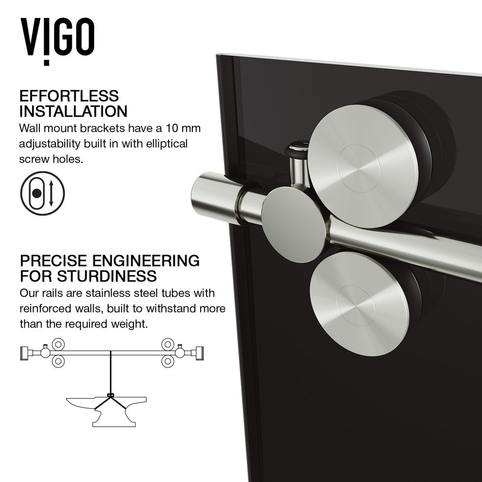 VIGO Elan 68" to 72" W x 74" H Frameless Sliding Shower Door, Stainless Steel, Black Tint Glass