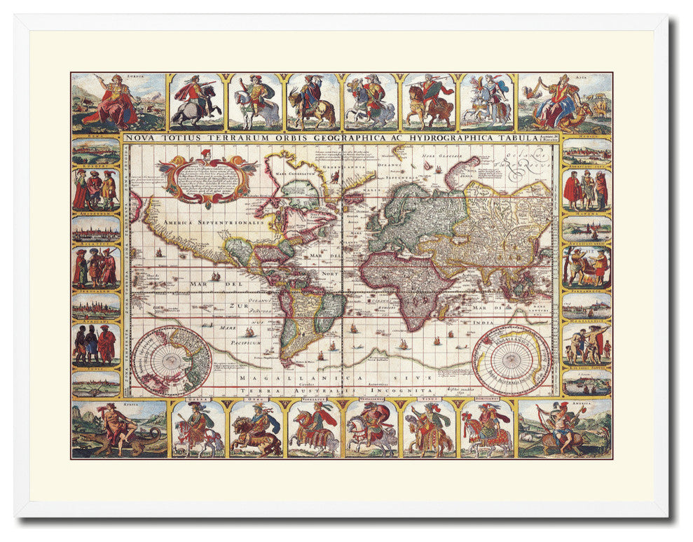Geographic Vintage Old Map Print On Canvas With Picture Frame 28" X 37"