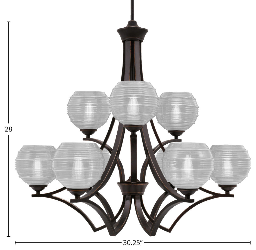 Zilo, 9 Light, Chandelier, Dark Granite Finish With 6" Clear Ribbed Glass